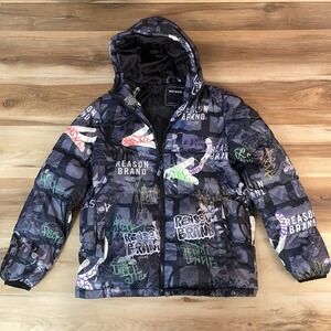 REASON BRAND Graffiti Puffer Jacket Mens Small Hooded Black Gray Streetwear